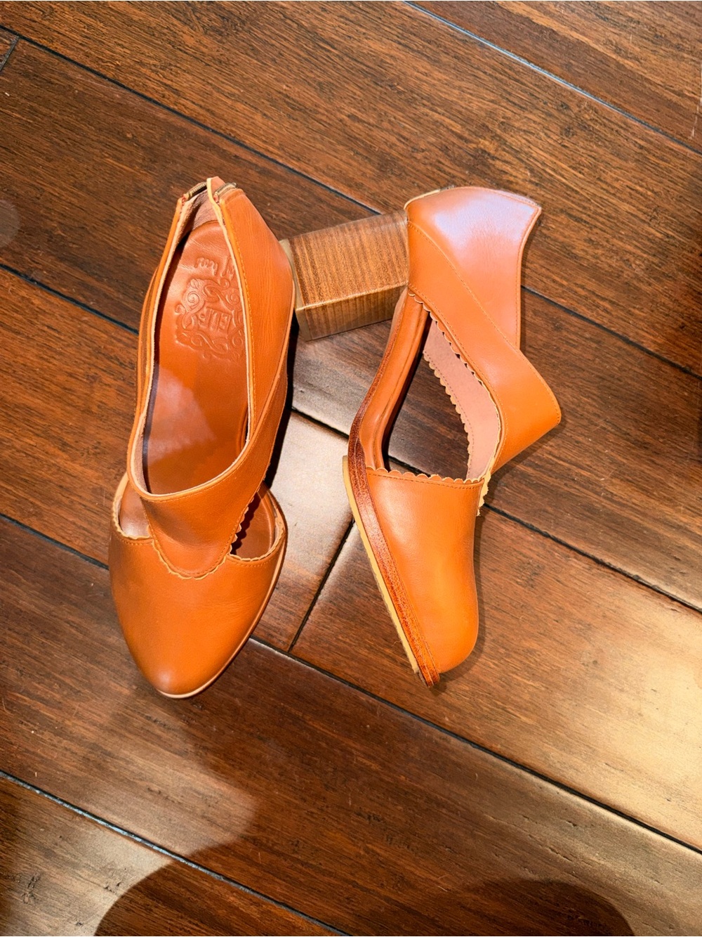 ELF Women's Cognac Leather Block Heel Pumps